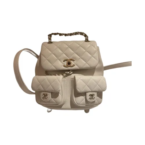 CHANEL Litchi Grain Cow Leather Backpack Medium Size Women's White