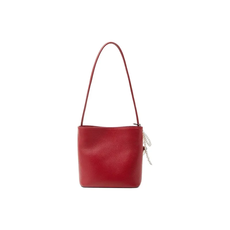 Teenmix Top Grain Cow Leather Shoulder Bag, Crossbody Bag, Bucket Bag, Shoulder Bag Regular Women's Black/Ecru/Red-17