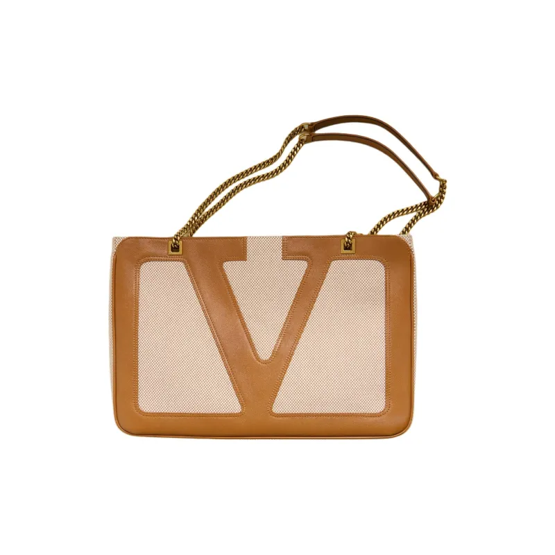 Valentino GARAVANI Canvas Portable Crossbody Bag Shoulder Bag Medium Size Unisex Natural & Brown-4