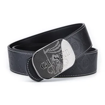 GUSKI Top Grain Cow Leather Embossed Smooth Buckle Belt Comfortable Waist Belt Men's Silver Width 3.8cm Gift Box Set