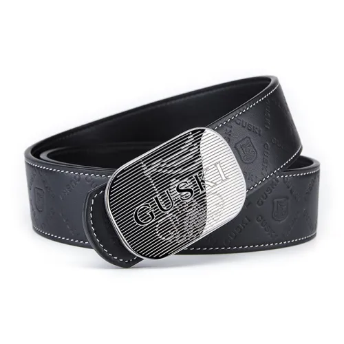 GUSKI Top Grain Cow Leather Embossed Smooth Buckle Belt Comfortable Waist Belt Men's Silver Width 3.8cm Gift Box Set