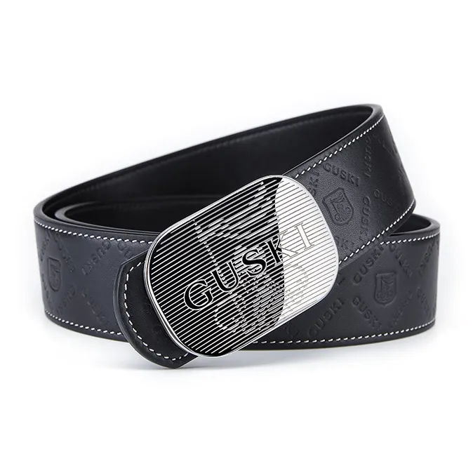 GUSKI Top Grain Cow Leather Embossed Smooth Buckle Belt Comfortable Waist Belt Men's Silver Width 3.8cm Gift Box Set-0