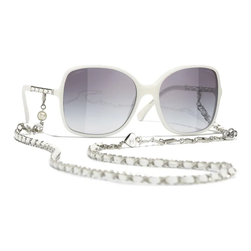 CHANEL Acetate Irregular Shape Sunglasses Women's White-2