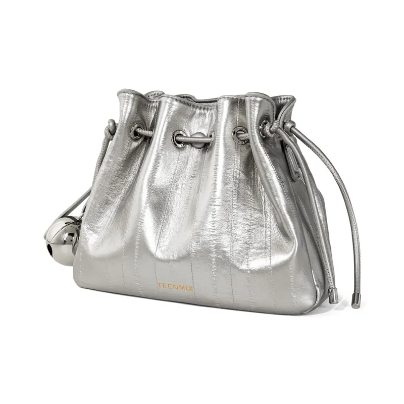 Teenmix Synthetic Leather With Cow Leather Bucket Bag, Crossbody Bag Regular Women's Ecru/Black/Silver-2