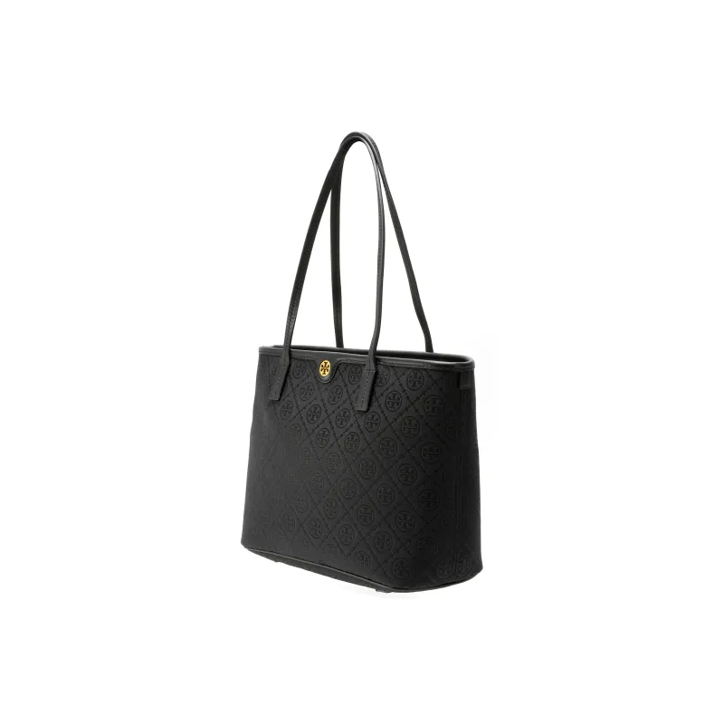 TORY BURCH T Monogram Fabric Cow Leather Patchwork Tote Bag Shopping Bag Handbag Shoulder Bags Women's Black-1