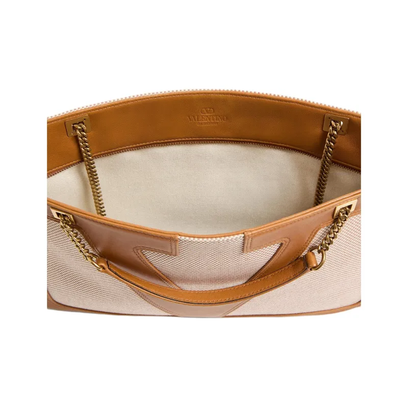Valentino GARAVANI Canvas Portable Crossbody Bag Shoulder Bag Medium Size Unisex Natural & Brown-5