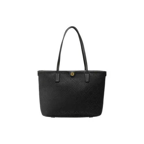 TORY BURCH T Monogram Fabric Cow Leather Patchwork Tote Bag Shopping Bag Handbag Shoulder Bags Women's Black