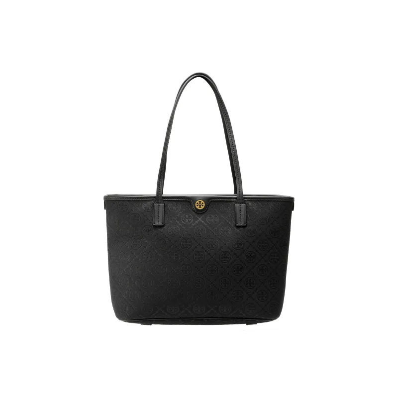 TORY BURCH T Monogram Fabric Cow Leather Patchwork Tote Bag Shopping Bag Handbag Shoulder Bags Women's Black-0