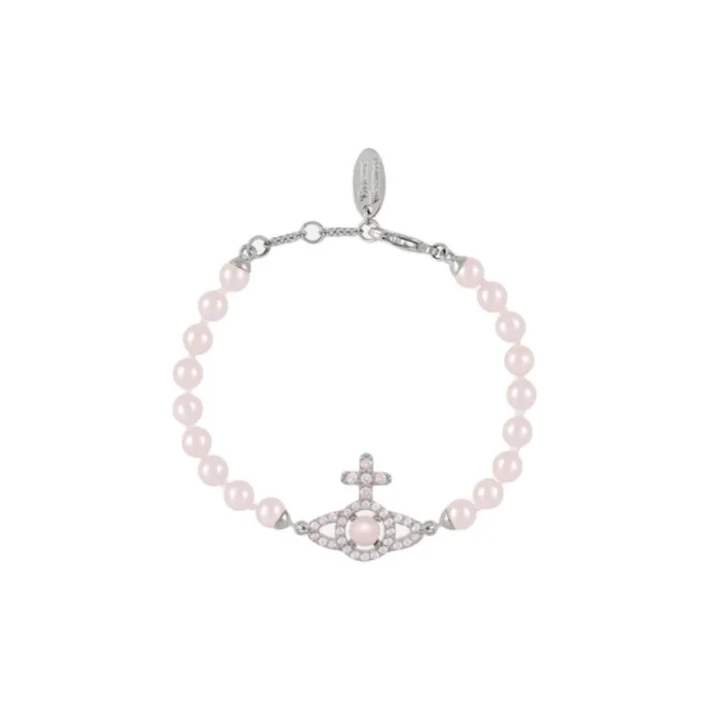 Vivienne Westwood Brass Glass Baroque Style Pink Pearl Saturn Bracelet Women's Silver/Pink-0