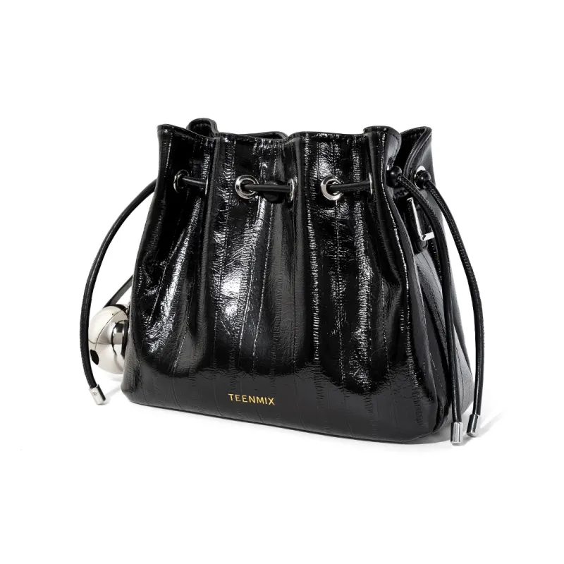 Teenmix Synthetic Leather With Cow Leather Bucket Bag, Crossbody Bag Regular Women's Ecru/Black/Silver-11
