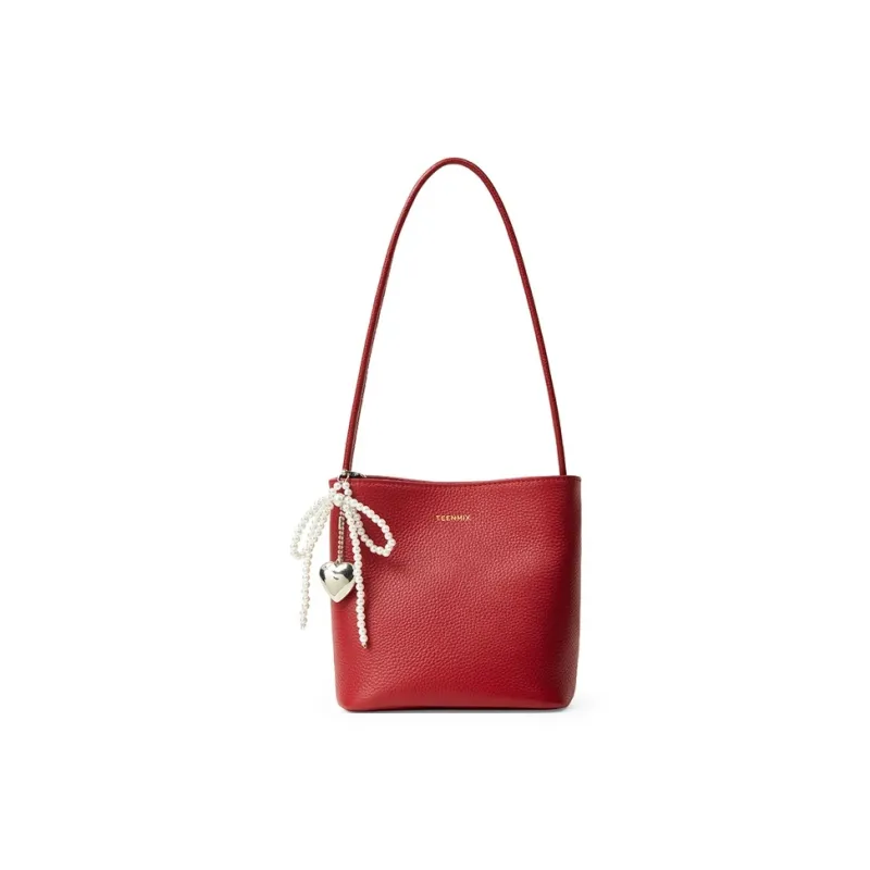 Teenmix Top Grain Cow Leather Shoulder Bag, Crossbody Bag, Bucket Bag, Shoulder Bag Regular Women's Black/Ecru/Red-15