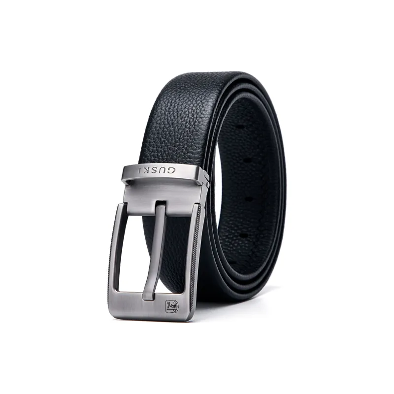 GUSKI Top Grain Cow Leather Pin Buckle Belt, Trendy, Boyfriend Belt Men's Gunmetal Width 3.8cm Gift Box Set-0