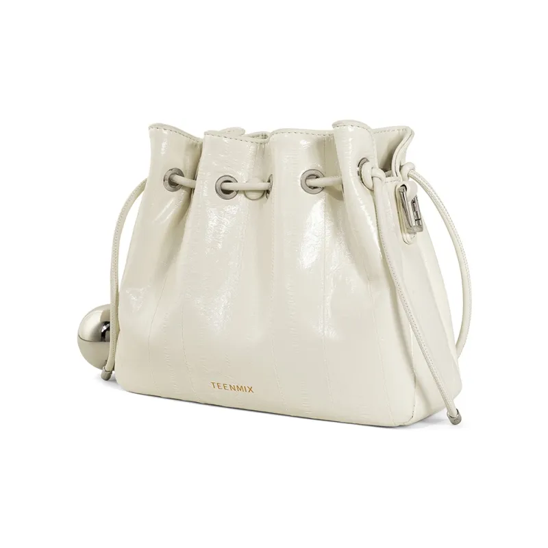 Teenmix Synthetic Leather With Cow Leather Bucket Bag, Crossbody Bag Regular Women's Ecru/Black/Silver-17