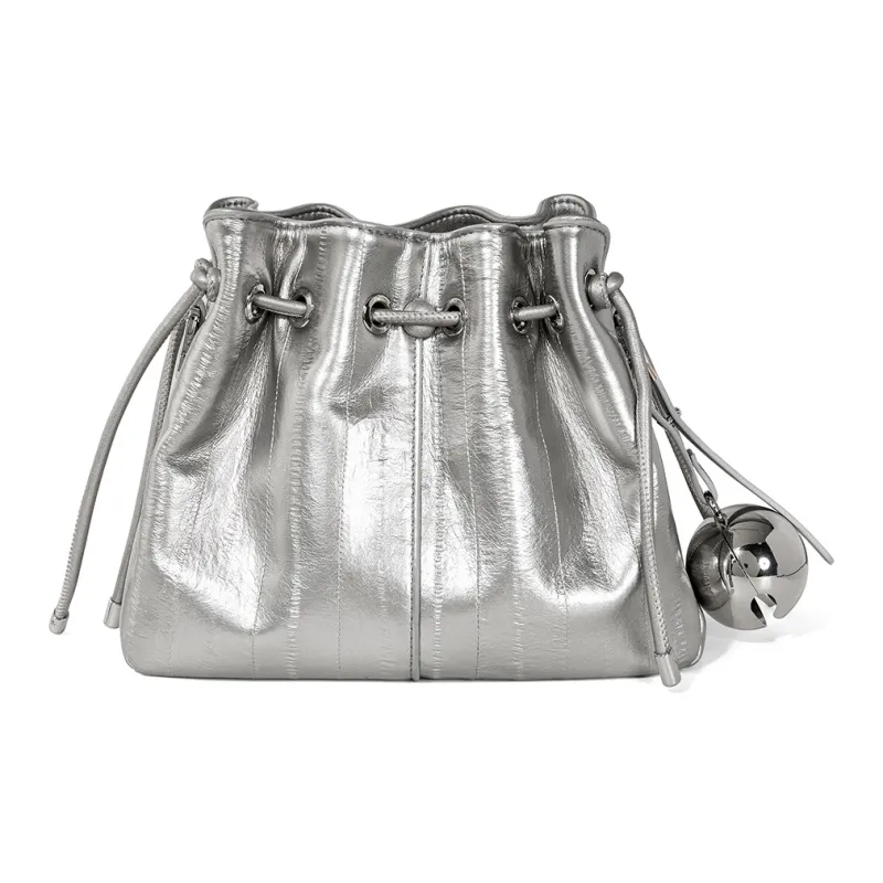 Teenmix Synthetic Leather With Cow Leather Bucket Bag, Crossbody Bag Regular Women's Ecru/Black/Silver-4