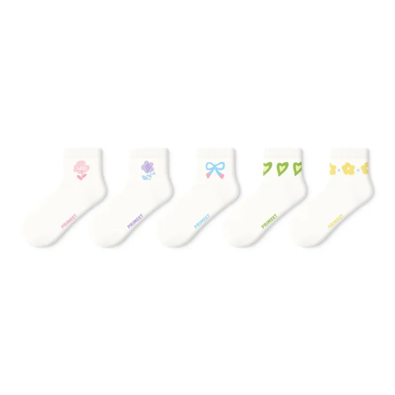 Primeet Ankle Socks Women's 5 Pack White Base With Small Floral-0