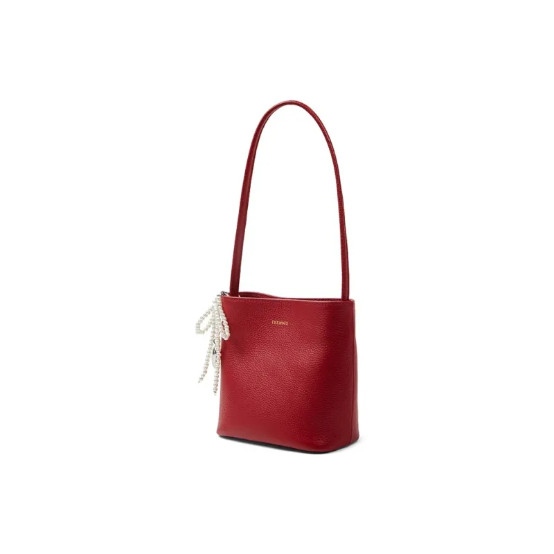 Teenmix Top Grain Cow Leather Shoulder Bag, Crossbody Bag, Bucket Bag, Shoulder Bag Regular Women's Black/Ecru/Red-18