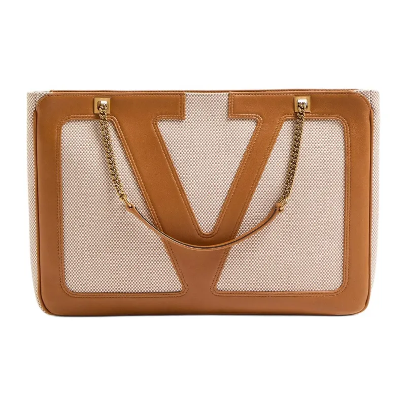 Valentino GARAVANI Canvas Portable Crossbody Bag Shoulder Bag Medium Size Unisex Natural & Brown-0