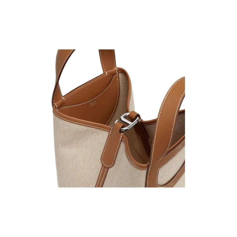 HERMES Canvas With Swift Calfskin Canvas Bag, Bucket Bag, Handbag Women's Light Beige & Beige & Gold-3