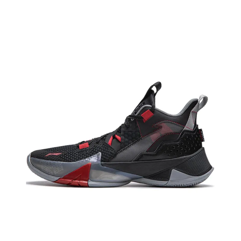 LiNing Cushioning Wear-Resistant Mid-Top Basketball Shoes Men's Black Red-0
