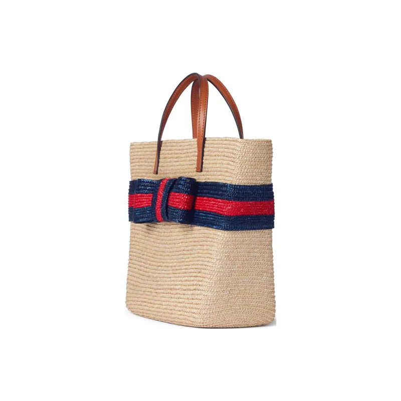 GUCCI Straw With Leather Tote Bag Shopping Bag Handbags Kids' Beige & Blue With Red Accents-1