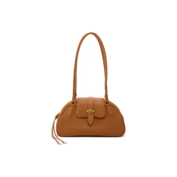 Simedin Cow Leather Bowling Bag, Shoulder Bag Large Size Women's Caramel Brown