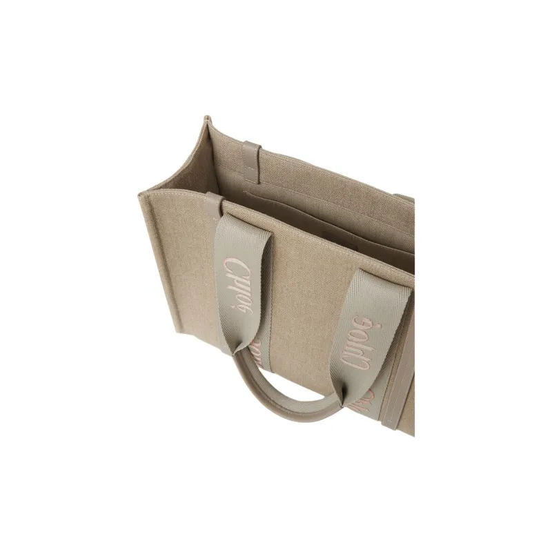 Chloe Woody Linen Canvas With Calfskin Tote Bag, Shopping Bag, Handbag Women's Vintage Khaki-3