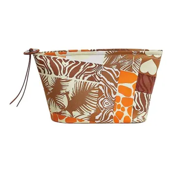 HERMES Silk Makeup Bag Regular Women's Chestnut & Mugwort Green & Orange