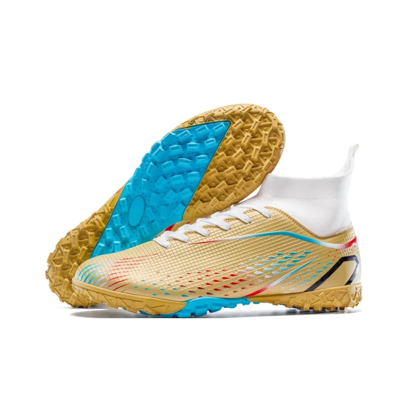 QIUTEXIONG Soccer Shoes Unisex High Top Aqua/White/Gold/Black-14