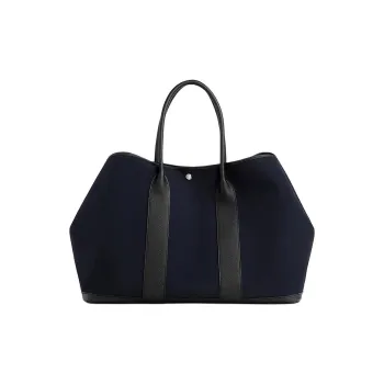 HERMES Garden Party Woolycot Canvas With Negonda Calfskin Garden Bag Handbag Women's Marine Blue & Black
