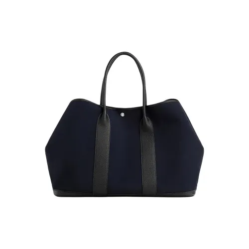 HERMES Garden Party Woolycot Canvas With Negonda Calfskin Garden Bag Handbag Women's Marine Blue & Black
