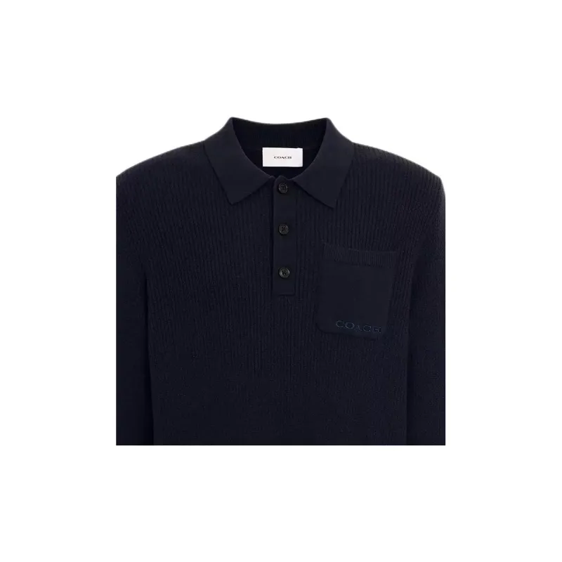 COACH Long Sleeve Knit Polo Shirt Men's Marine Blue-2