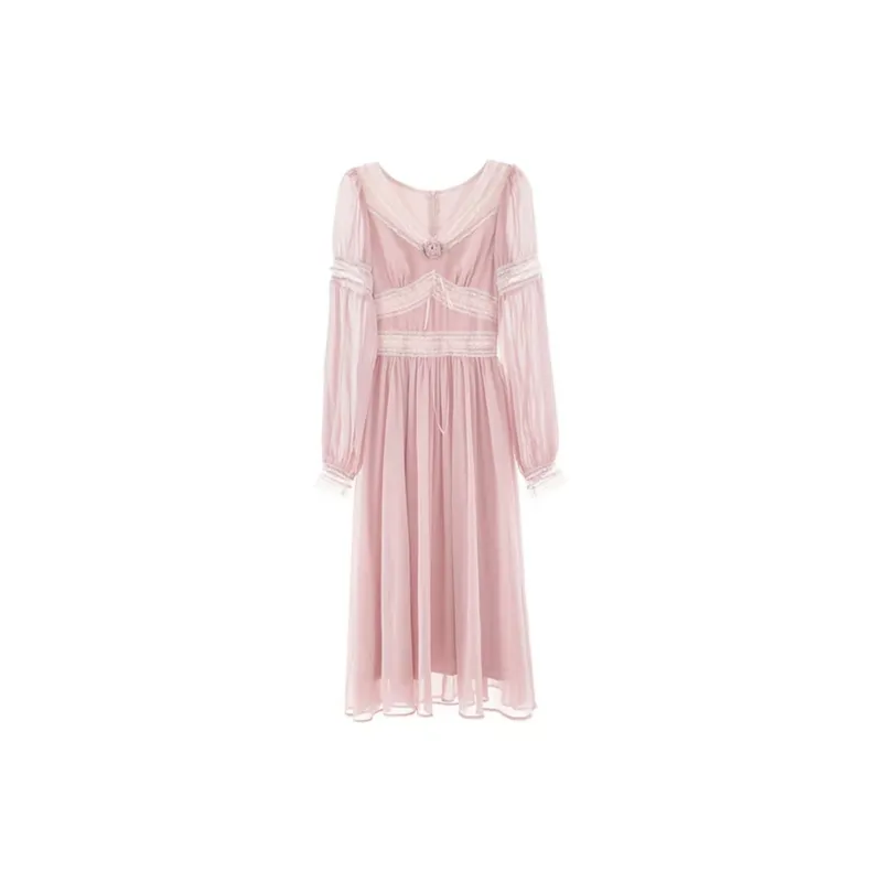Long Sleeved Dress Women's Pink Single Item-0