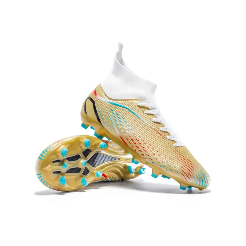 QIUTEXIONG Soccer Shoes Unisex High Top Aqua/White/Gold/Black-31