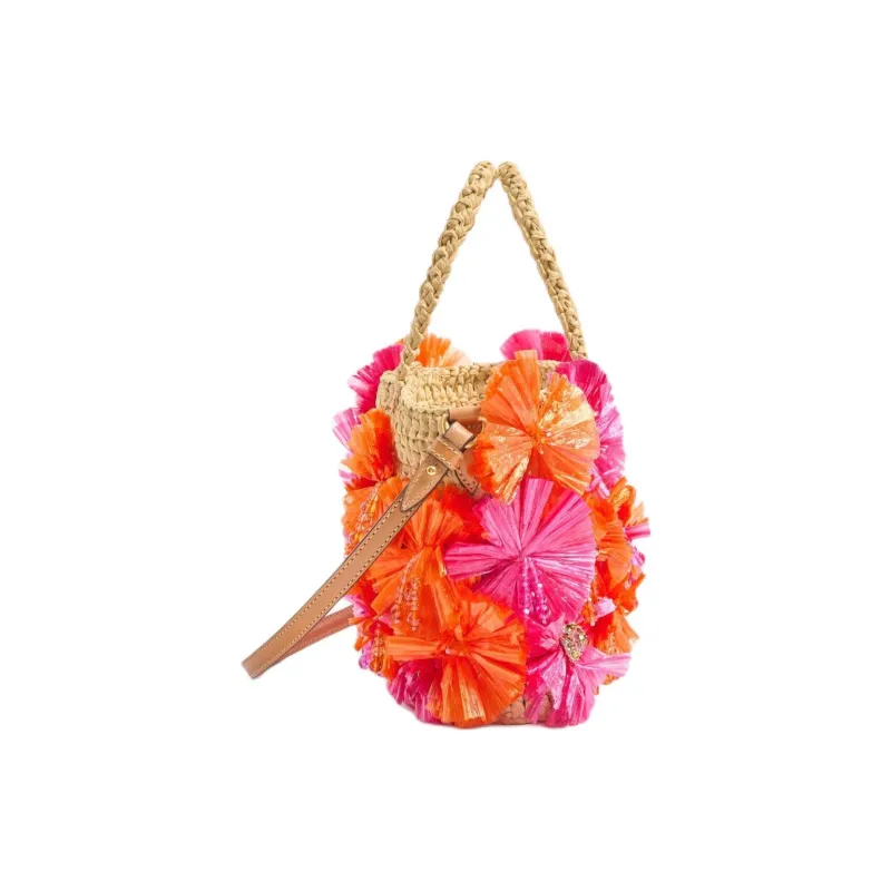 Valentino Raffia Tote Bag, Shopping Bag, Shoulder Bag, Handbag Small Size Women's Natural & Red-2