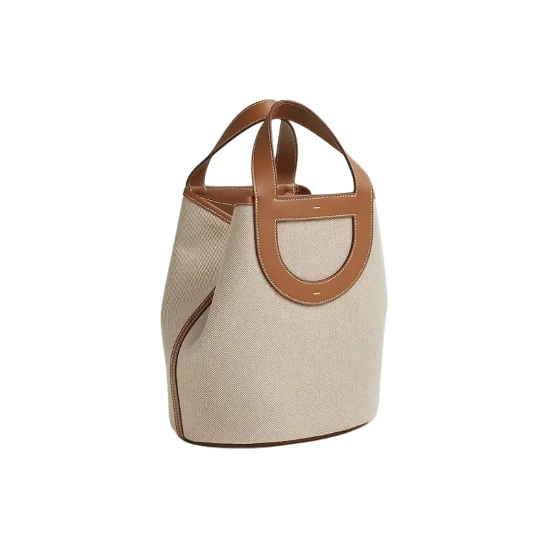 HERMES Canvas With Swift Calfskin Canvas Bag, Bucket Bag, Handbag Women's Light Beige & Beige & Gold-2