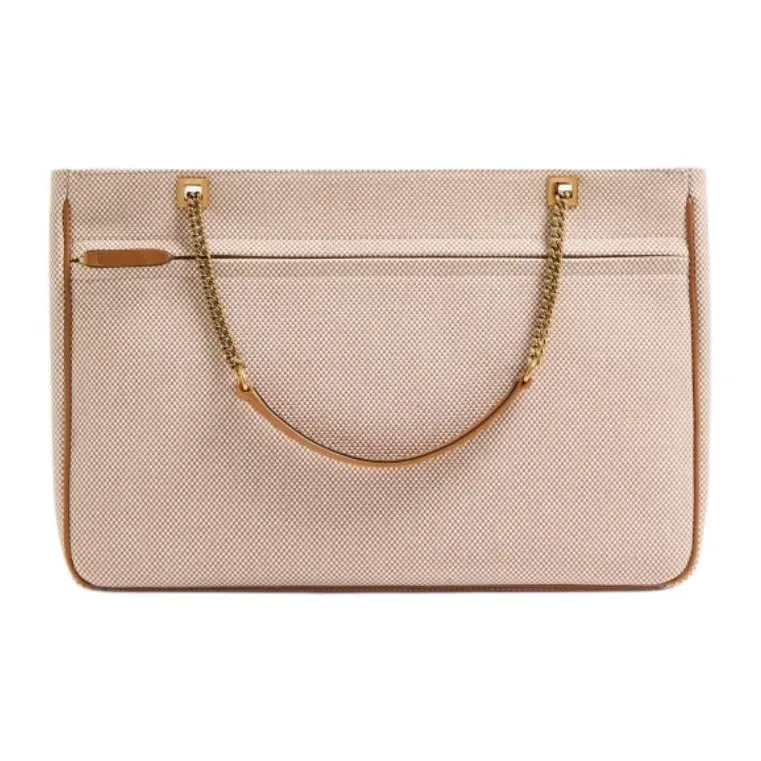 Valentino Canvas Tote Bag, Shopping Bag, Shoulder Bag Medium Size Women's Natural & Brown-4