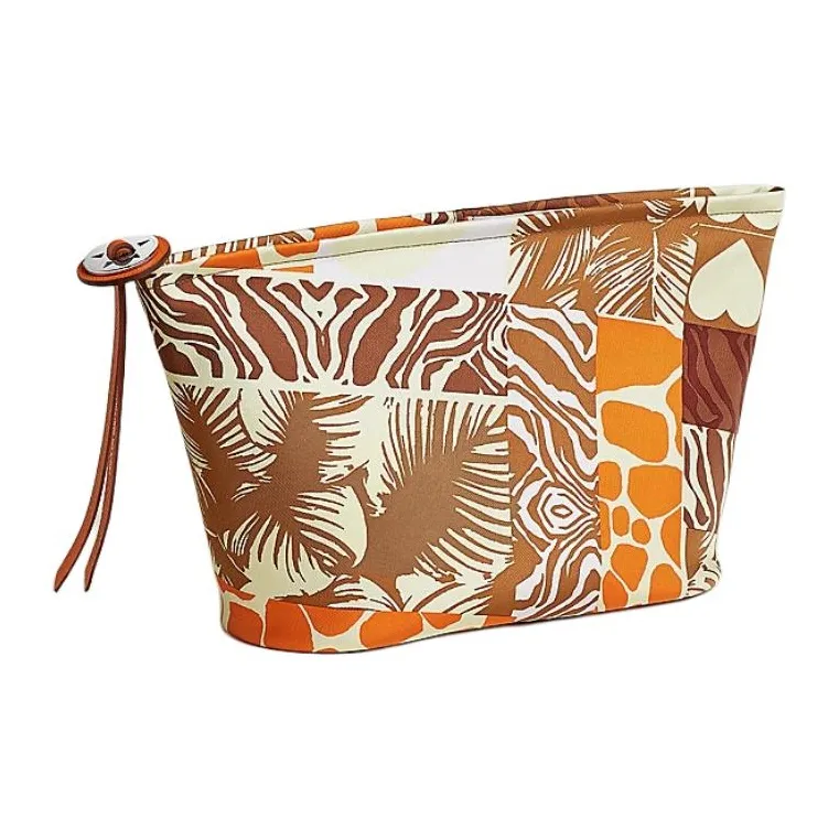 HERMES Silk Makeup Bag Regular Women's Chestnut & Mugwort Green & Orange-1