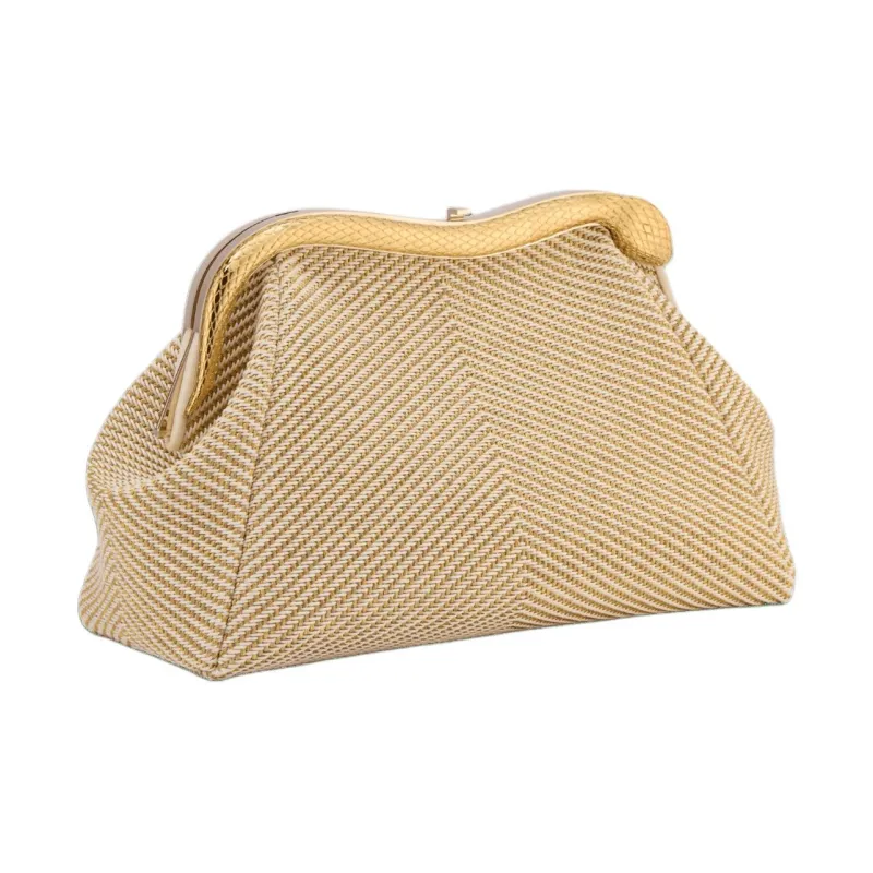 BVLGARI Serpentine Cotton Shoulder Bag Clutch Medium Size Women's Gold-2