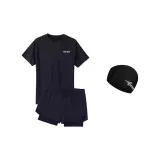 Black Short-Sleeved Shirt+Swimming Shorts+Cloth Swim Cap