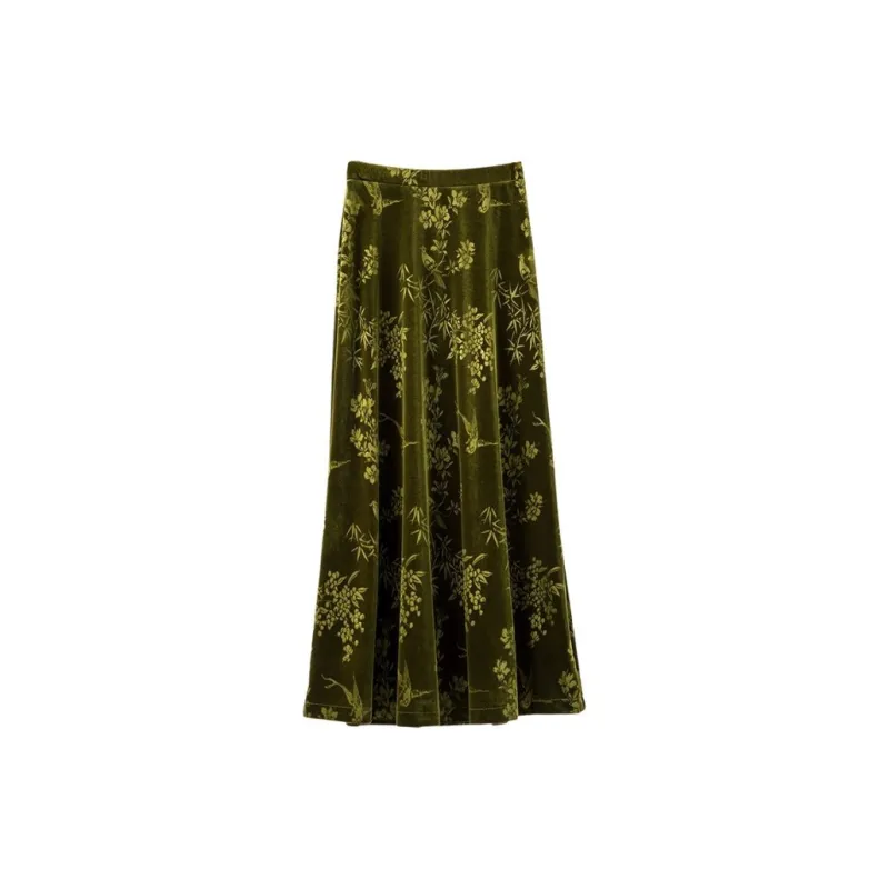 Late White Casual Long Skirts Women's Olive Green-3