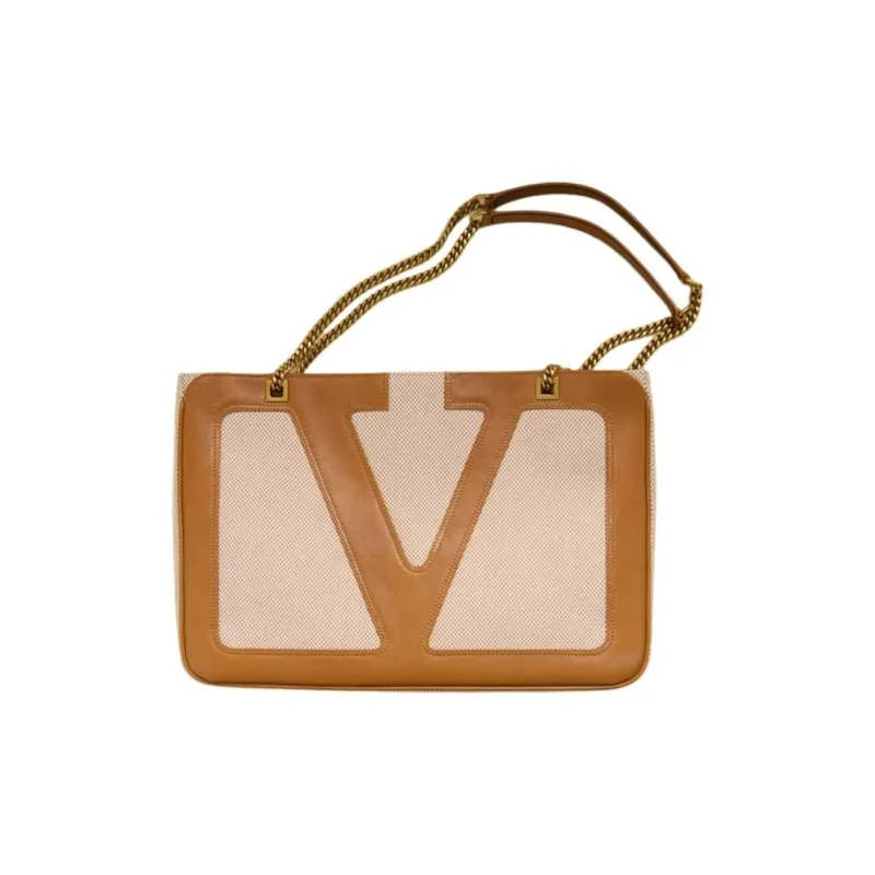 Valentino Canvas Tote Bag, Shopping Bag, Shoulder Bag Medium Size Women's Natural & Brown-1