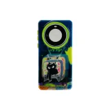 Transparent Blue TV with Black Cat+Rotating Black Cat Stands