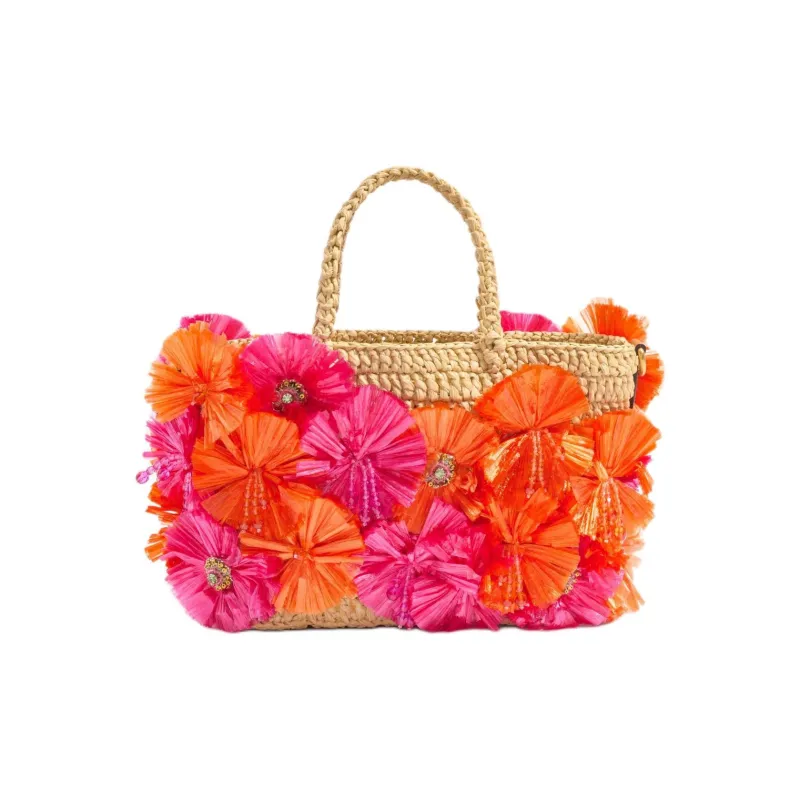 Valentino Raffia Tote Bag, Shopping Bag, Shoulder Bag, Handbag Small Size Women's Natural & Red-3