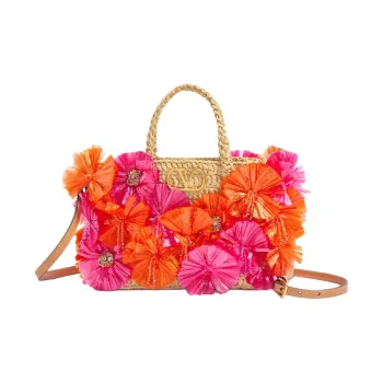 Valentino Raffia Tote Bag, Shopping Bag, Shoulder Bag, Handbag Small Size Women's Natural & Red