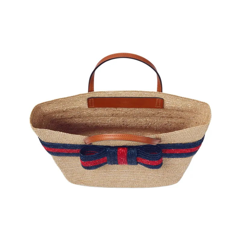 GUCCI Straw With Leather Tote Bag Shopping Bag Handbags Kids' Beige & Blue With Red Accents-4