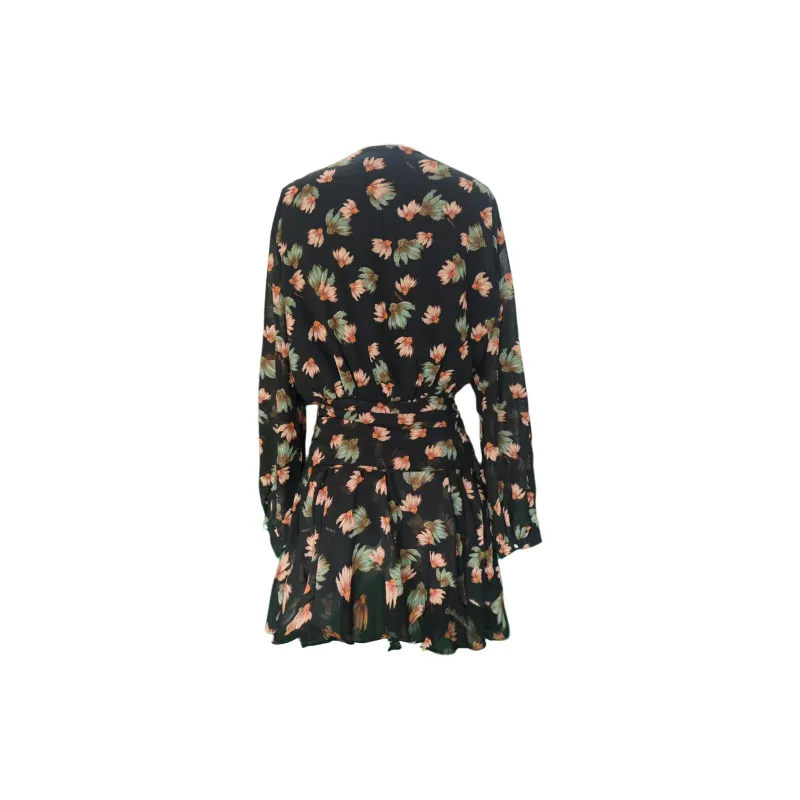 Wbwq Long-Sleeved Dresses Women's Black Background Floral-5