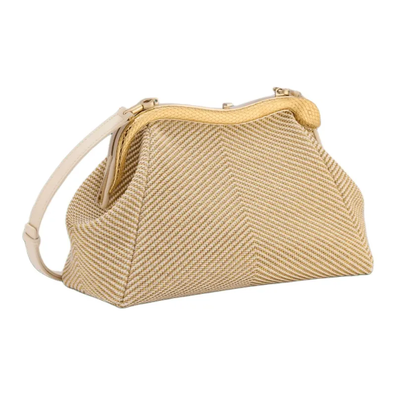 BVLGARI Serpentine Cotton Shoulder Bag Clutch Medium Size Women's Gold-1