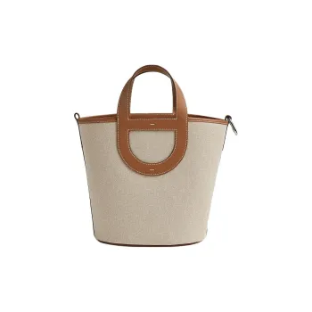 HERMES Canvas With Swift Calfskin Canvas Bag, Bucket Bag, Handbag Women's Light Beige & Beige & Gold