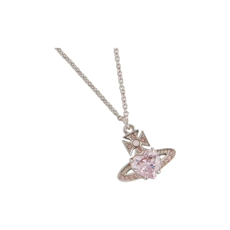 Vivienne Westwood Brass Heart Pink Crystal Saturn Pendant Necklace Women's Pink Diamond/Silver-2