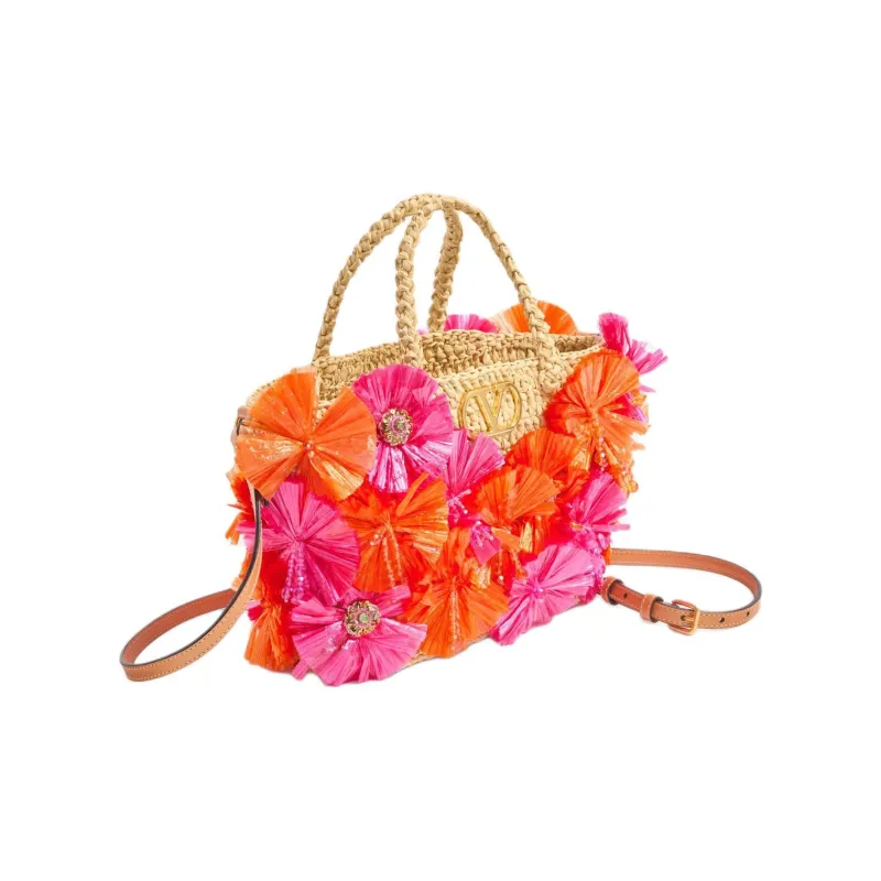 Valentino Raffia Tote Bag, Shopping Bag, Shoulder Bag, Handbag Small Size Women's Natural & Red-1